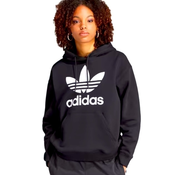 Adidas Logo Black Hoodie Drawstring Sweatshirt Size L - Picture 1 of 8